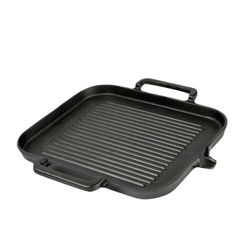 Τετράγωνη τηγάνι από χυτό σίδερο με διπλό χερούλι, επίπεδη βάση, ριγέ υφή, για τηγάνισμα και ψήσιμο.