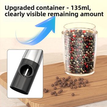 Elektrinis pipirų malūnėlis su gravitacijos jutikliu, iš nerūdijančio plieno, nešiojamas; malia piprą, grubią druską, pipirų grūdus ir kmynus.