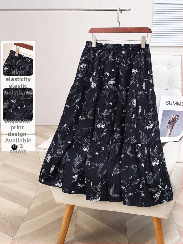 Gėlių rašto A linijos midi sijonas, vidutinio ilgio, 95% poliesteris, japonų-korejiečių laisvalaikio stilius