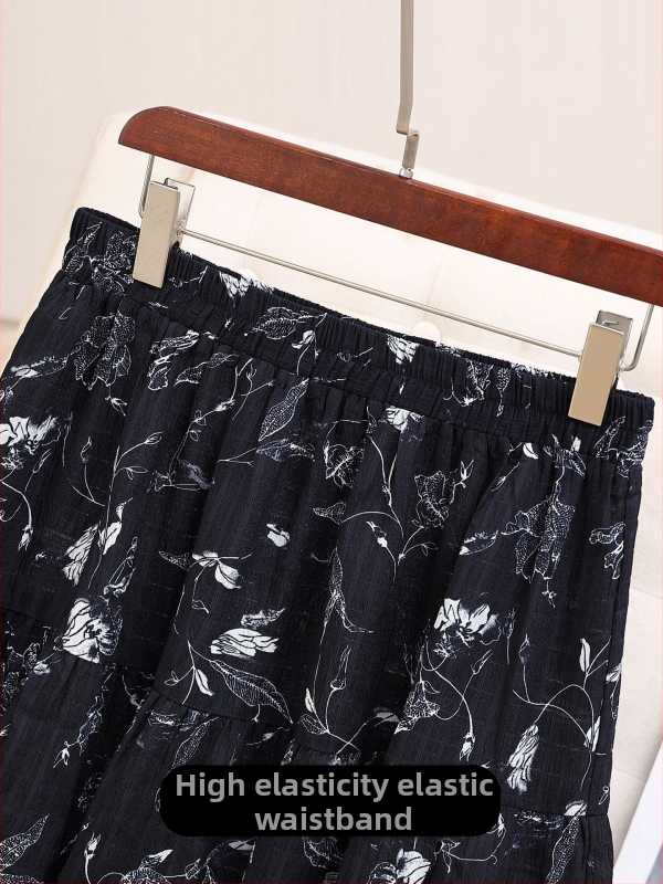 Gėlių rašto A linijos midi sijonas, vidutinio ilgio, 95% poliesteris, japonų-korejiečių laisvalaikio stilius