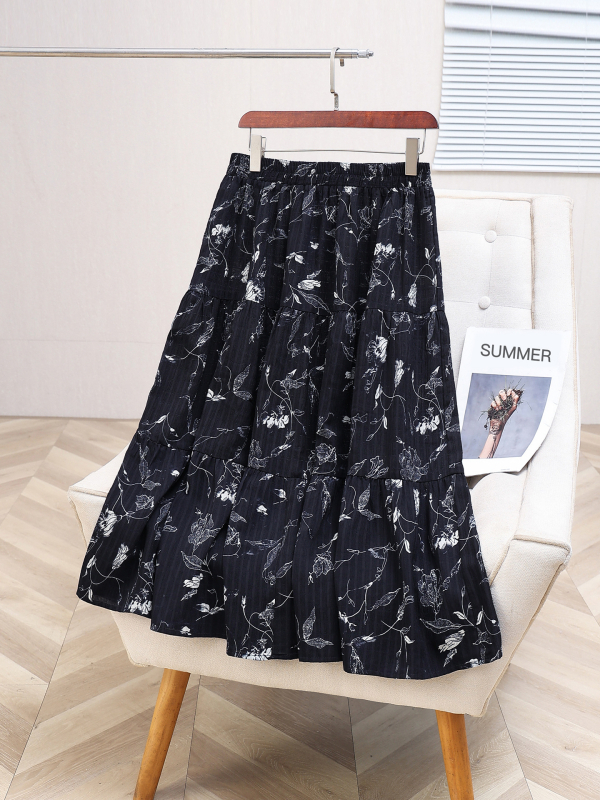 Gėlių rašto A linijos midi sijonas, vidutinio ilgio, 95% poliesteris, japonų-korejiečių laisvalaikio stilius