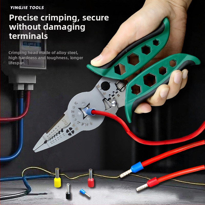 Yinjie Мултифункционални електрически клещи за кримпване и обелване на тръбни терминали, електротехник, прав нос, 0.22 кг