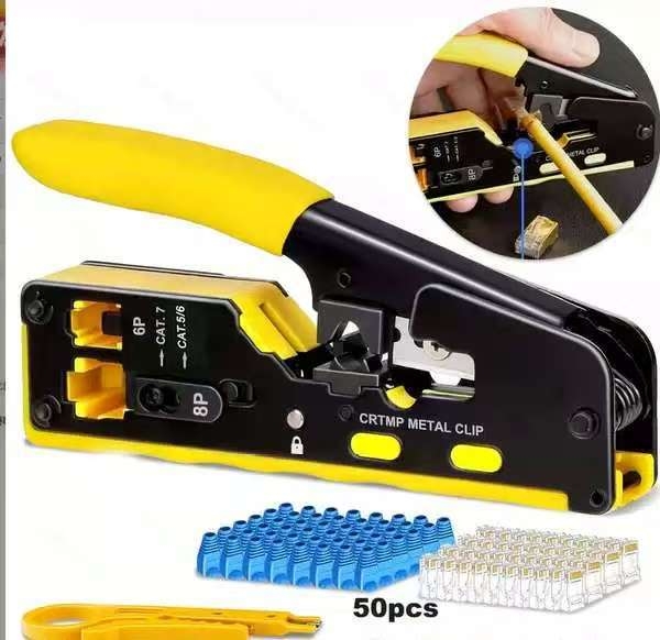 RJ45 Crimpelő készlet Cat5e/6/7 farokklippel, magas széntartalmú acélból, könnyen használható