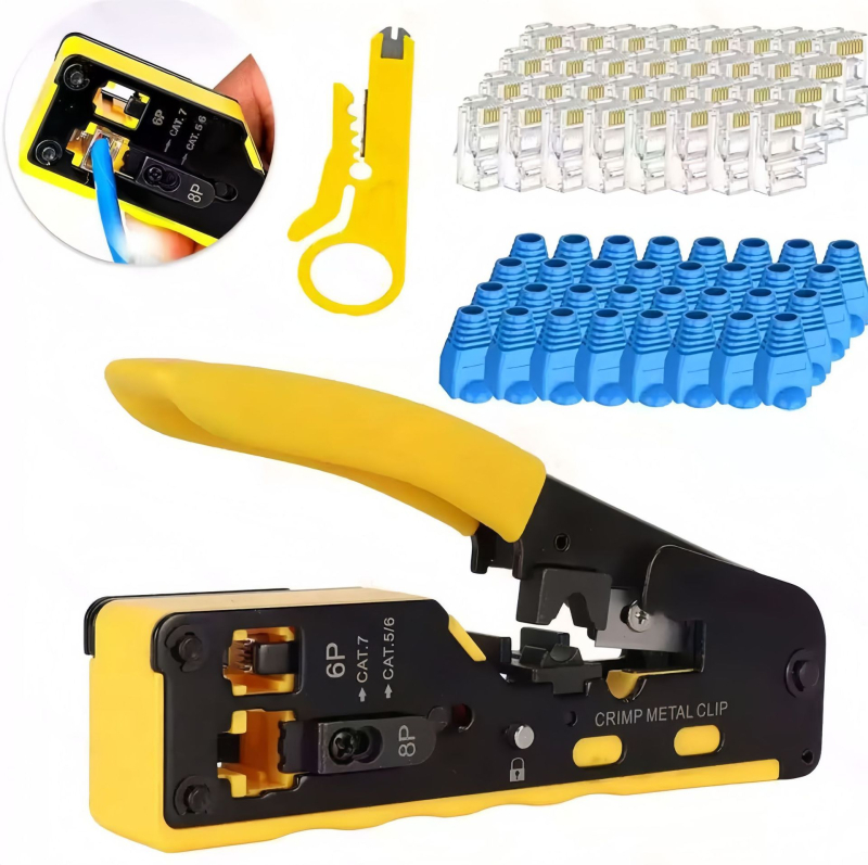 RJ45 krimavimo įrankių rinkinys Cat5e/6/7 su uodegos klipu, aukštos anglies plienas, lengva naudoti