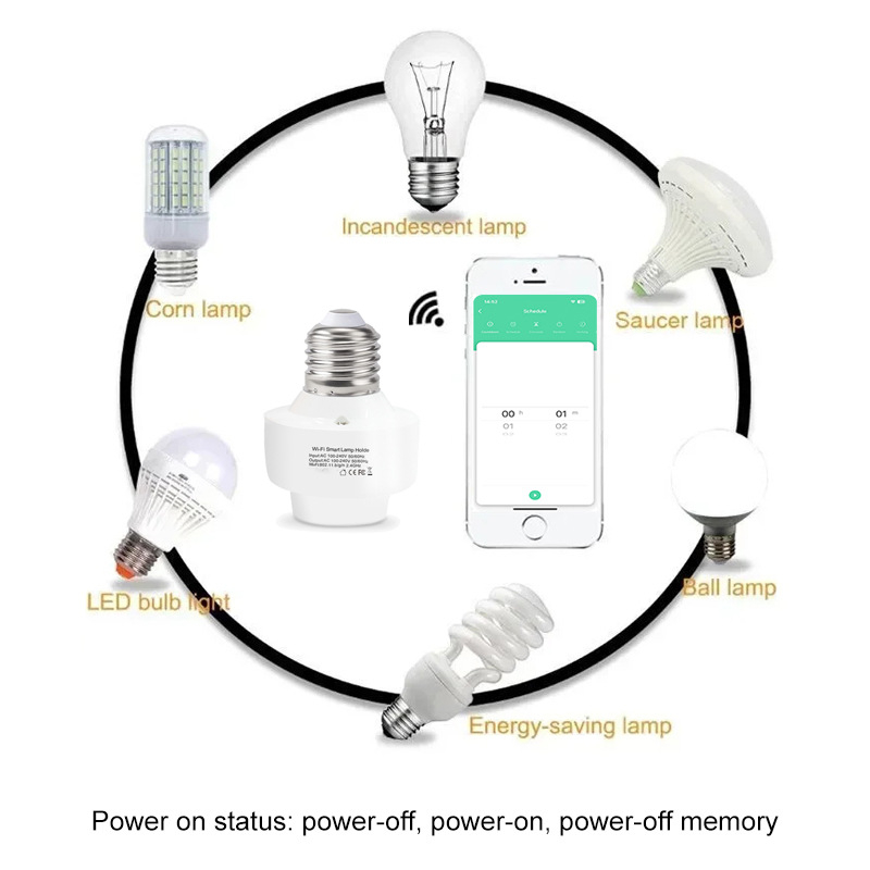 Išmanus WiFi lempos laikiklis su nuotolinio įjungimo jungikliu, E26/E27 lizdas (AC100-240V, 10A, ≥10k ciklų)