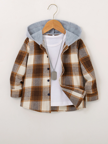 Παιδικό πουκάμισο με κουκούλα σε καρό για αγόρια, μακριά μανίκια, 75% πολυεστέρας, καθημερινό στυλ, φθινόπωρο 2023