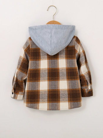 Παιδικό πουκάμισο με κουκούλα σε καρό για αγόρια, μακριά μανίκια, 75% πολυεστέρας, καθημερινό στυλ, φθινόπωρο 2023