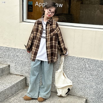 Δύο τεμάχια για κορίτσια: καρό μακρυμάνικο πουκάμισο και παντελόνια, μίγμα βαμβακιού, κορεατικό στυλ, άνοιξη–φθινόπωρο, για παιδιά άνω των 8 ετών