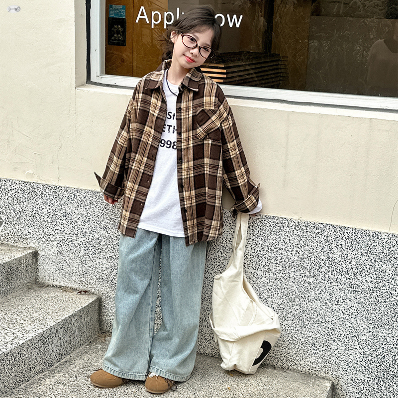 Lányoknak készült két részes öltözet: hosszú ujjú kockás ing és nadrág, pamutkeverék, koreai stílus, tavasz–ősz, 8 évesnél idősebbeknek