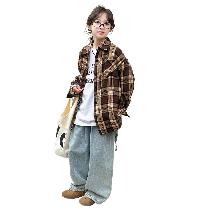 Lányoknak készült két részes öltözet: hosszú ujjú kockás ing és nadrág, pamutkeverék, koreai stílus, tavasz–ősz, 8 évesnél idősebbeknek