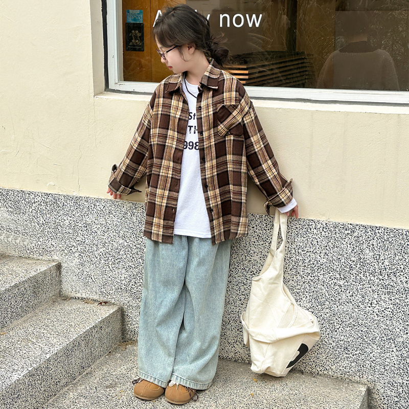 Lányoknak készült két részes öltözet: hosszú ujjú kockás ing és nadrág, pamutkeverék, koreai stílus, tavasz–ősz, 8 évesnél idősebbeknek