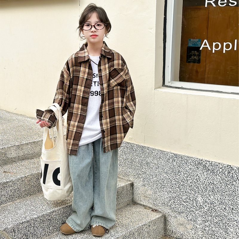 Lányoknak készült két részes öltözet: hosszú ujjú kockás ing és nadrág, pamutkeverék, koreai stílus, tavasz–ősz, 8 évesnél idősebbeknek