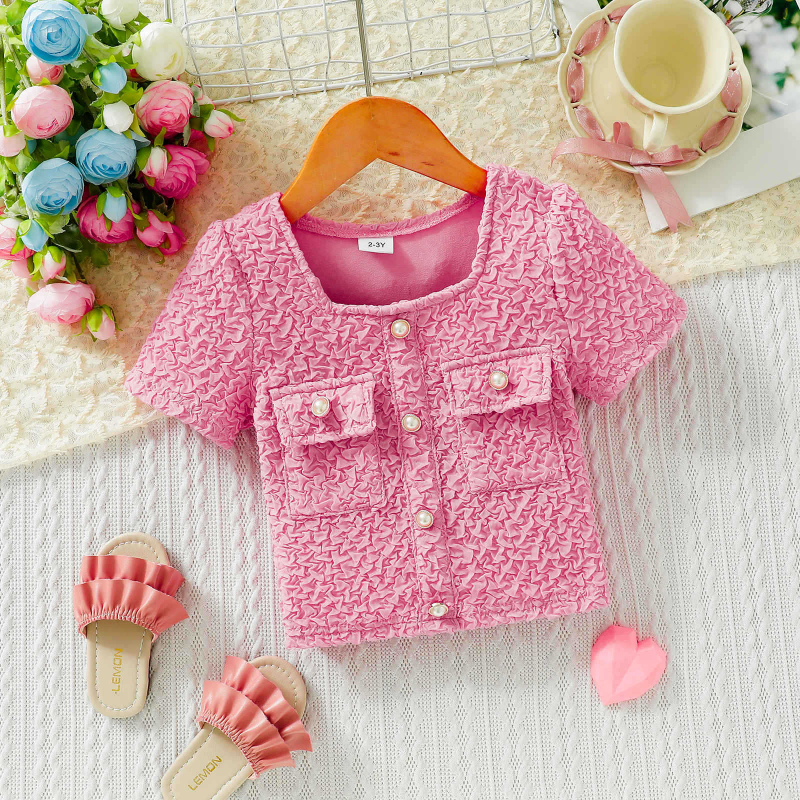 Детска тениска за лято, къс ръкав, квадратно деколте, 100% полиестер, за деца на възраст 3–8 години