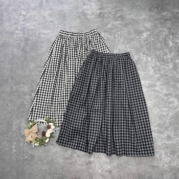 Μίντι φούστα Α-γραμμής από βαμβάκι και λινό, καρό μοτίβο, ελαστική μέση, ιαπωνικό στυλ