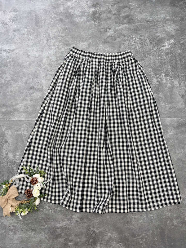 Μίντι φούστα Α-γραμμής από βαμβάκι και λινό, καρό μοτίβο, ελαστική μέση, ιαπωνικό στυλ