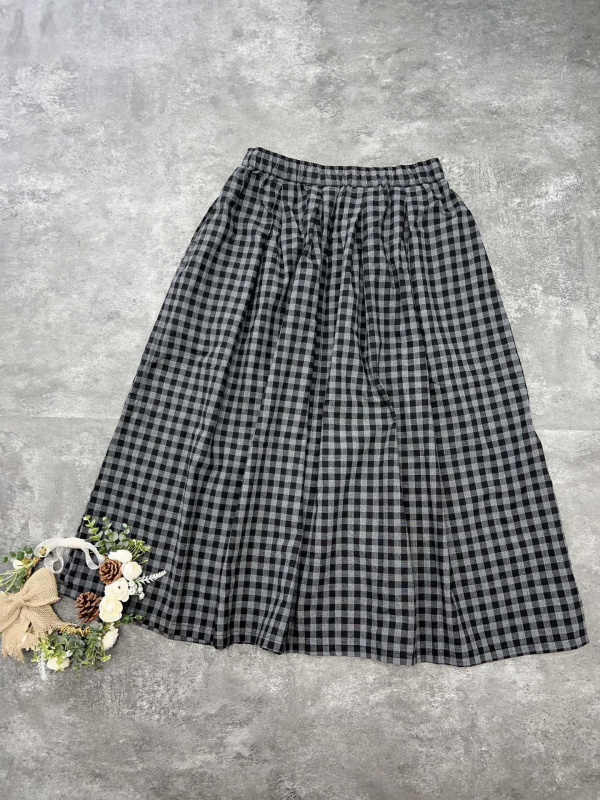 Μίντι φούστα Α-γραμμής από βαμβάκι και λινό, καρό μοτίβο, ελαστική μέση, ιαπωνικό στυλ