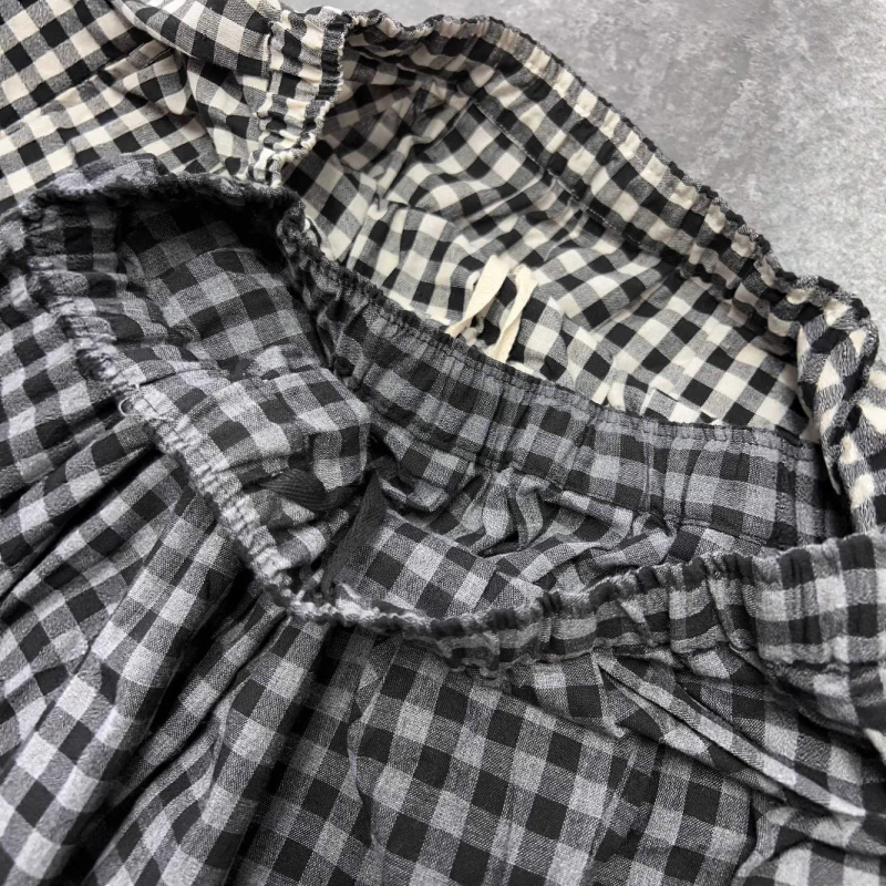 Μίντι φούστα Α-γραμμής από βαμβάκι και λινό, καρό μοτίβο, ελαστική μέση, ιαπωνικό στυλ