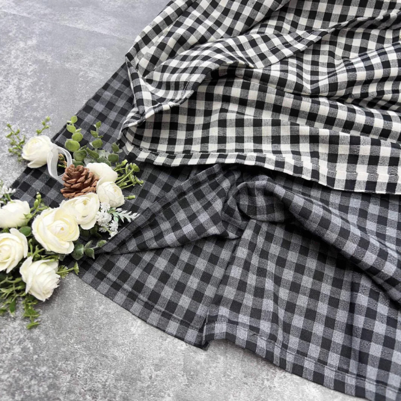 Μίντι φούστα Α-γραμμής από βαμβάκι και λινό, καρό μοτίβο, ελαστική μέση, ιαπωνικό στυλ