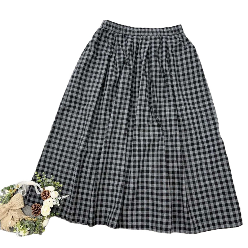 Μίντι φούστα Α-γραμμής από βαμβάκι και λινό, καρό μοτίβο, ελαστική μέση, ιαπωνικό στυλ