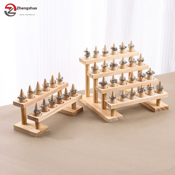 Κωνοειδής ξύλινη βάση για δαχτυλίδια — τριών επιπέδων / διπλού επιπέδου σχέδιο, vintage καλλιτεχνικά κοσμήματα