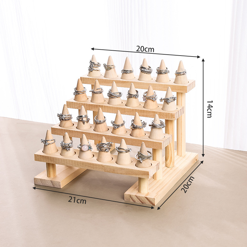 Konuszos, fából készült gyűrűkészítő állvány — háromrétegű / kétszintes dizájn, vintage művészi ékszer kiállítás