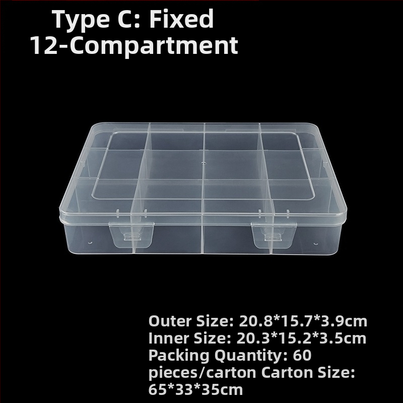 PP plastikinė saugojimo dėžė su fiksuotomis skyriais ir dangteliu, 3, 5 arba 12 skyrių konfigūracijomis, tinka karoliukams, varžtams, žvejybos kabliukams, baterijoms ir elektronikos sudedamosioms dalims