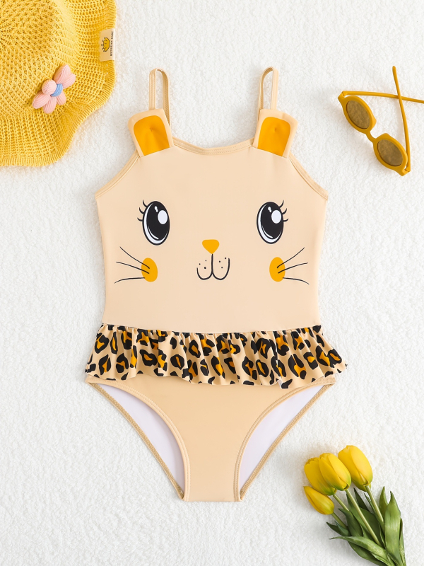 Lányoknak szóló egyrészes fürdőruha méhecske hercegnő-stílusban, rajzfilmszerű mintával, 82% poliészter külső, 18% poliészter bélés, 3-8 éveseknek, úszáshoz