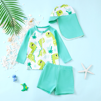 Fiúknak szóló háromrészes dinoszaurusz mintás hosszú ujjú úszószett sapkával