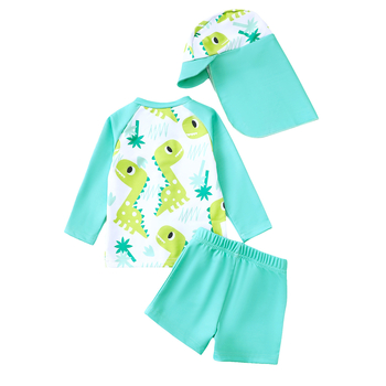 Σετ μαγιό για αγόριɑς με σχέδιο δεινοσαύρου, μακριά μανίκια, καπέλο, τρία τεμάχια
