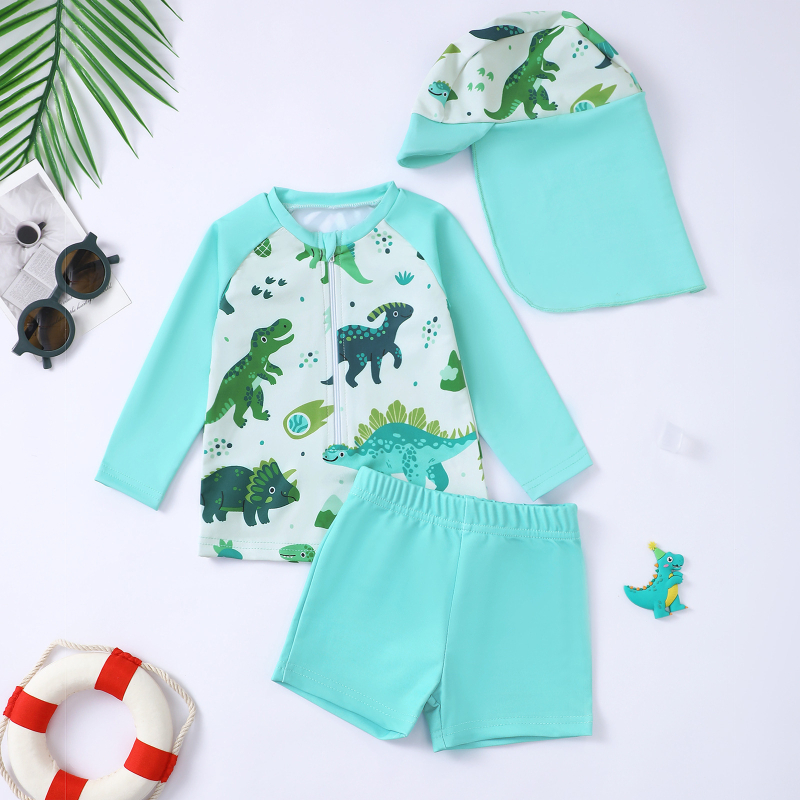 Fiúknak szóló háromrészes dinoszaurusz mintás hosszú ujjú úszószett sapkával