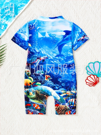 Παιδικό ολόσωμο μαγιό unisex, με εκτύπωση δελφινιού, κοντά μανίκια, ύφασμα πολυεστέρα που στεγνώνει γρήγορα