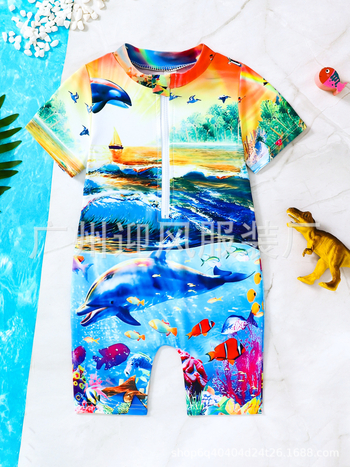 Παιδικό ολόσωμο μαγιό unisex, με εκτύπωση δελφινιού, κοντά μανίκια, ύφασμα πολυεστέρα που στεγνώνει γρήγορα