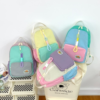 Детска чанта за детска градина — лека дишаща материя, извити презрамки, шарка с букви, полиестерова подплата, подходяща за ежедневна употреба