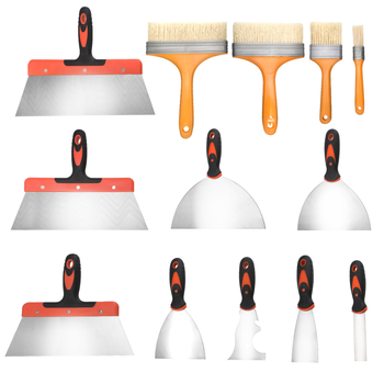 Комплект шпакловъчни ножове – плосък нож с огледално полирани остриета и различни дръжки (дървена, пластмасова, двуцветна) за шпакловане върху стени; произход Zhejiang