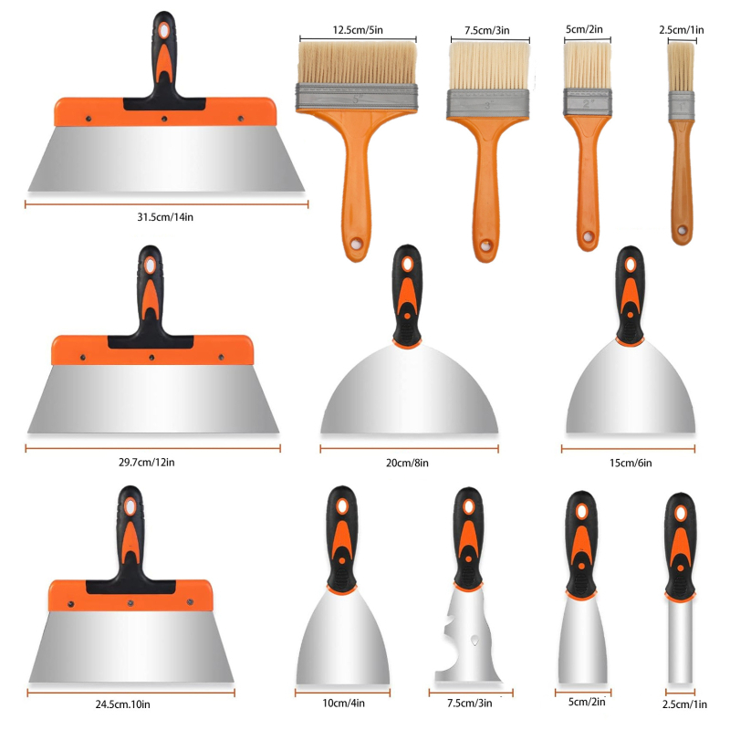 Комплект шпакловъчни ножове – плосък нож с огледално полирани остриета и различни дръжки (дървена, пластмасова, двуцветна) за шпакловане върху стени; произход Zhejiang