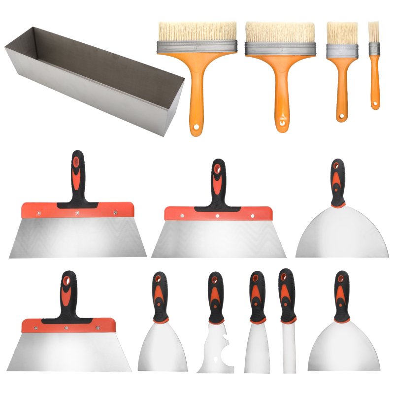 Комплект шпакловъчни ножове – плосък нож с огледално полирани остриета и различни дръжки (дървена, пластмасова, двуцветна) за шпакловане върху стени; произход Zhejiang