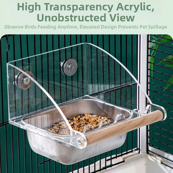 Διαφανής ακρυλική ταΐστρα για πουλιά με δύο διαμερίσματα για τροφή και νερό; κατάλληλη για παπαγάλους και άλλα πουλιά; μπολ από ανοξείδωτο ατσάλι; αντιδιασπαστική κατασκευή.