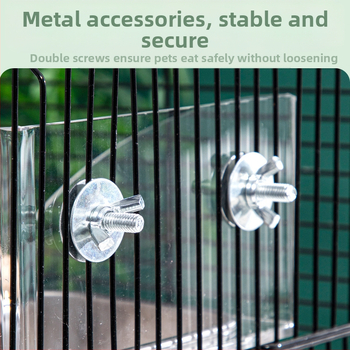 Διαφανής ακρυλική ταΐστρα για πουλιά με δύο διαμερίσματα για τροφή και νερό; κατάλληλη για παπαγάλους και άλλα πουλιά; μπολ από ανοξείδωτο ατσάλι; αντιδιασπαστική κατασκευή.