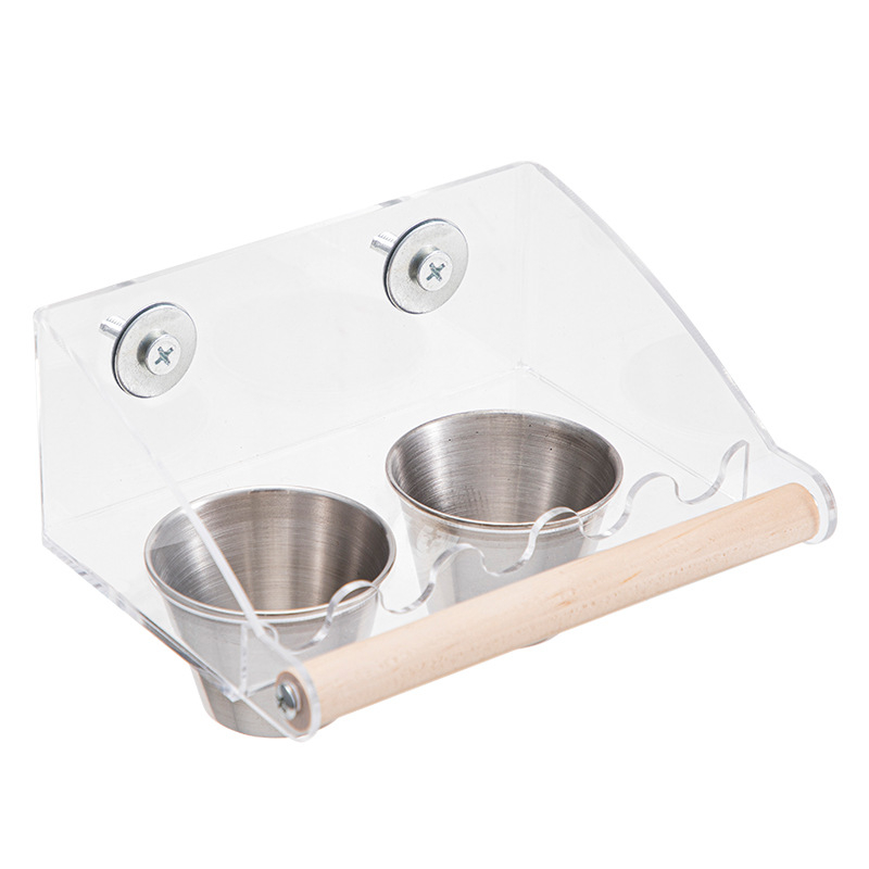 Átlátszó akril madáretető két rekesszel étel és víz számára; papagájok és egyéb madarak számára; rozsdamentes acél tál; csepp-mentes kialakítás.