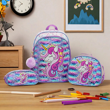 Детска училищна раница – Комплект от три части, Голям капацитет, Намалява натоварването и защитава гърба, Платно, Аниме карикатура