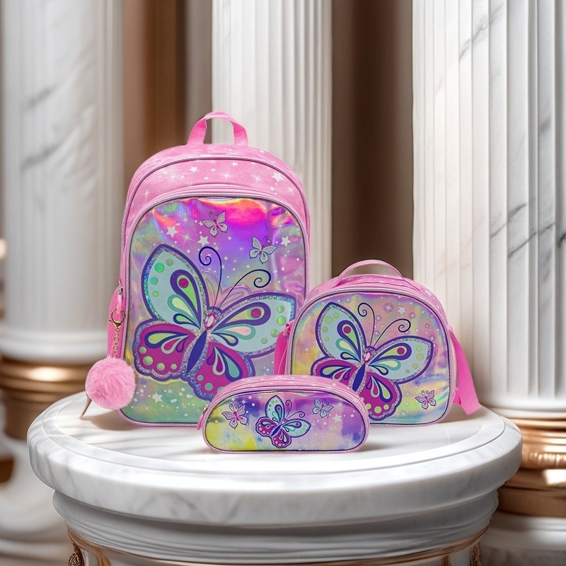 Детска училищна раница – Комплект от три части, Голям капацитет, Намалява натоварването и защитава гърба, Платно, Аниме карикатура