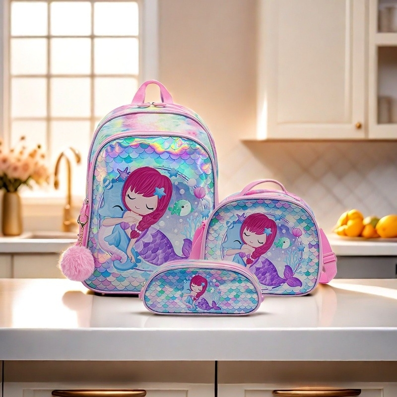 Детска училищна раница – Комплект от три части, Голям капацитет, Намалява натоварването и защитава гърба, Платно, Аниме карикатура