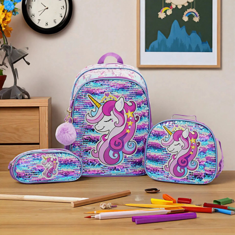 Детска училищна раница – Комплект от три части, Голям капацитет, Намалява натоварването и защитава гърба, Платно, Аниме карикатура