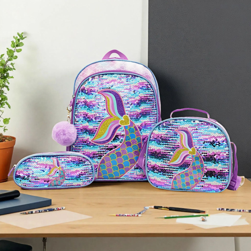 Детска училищна раница – Комплект от три части, Голям капацитет, Намалява натоварването и защитава гърба, Платно, Аниме карикатура