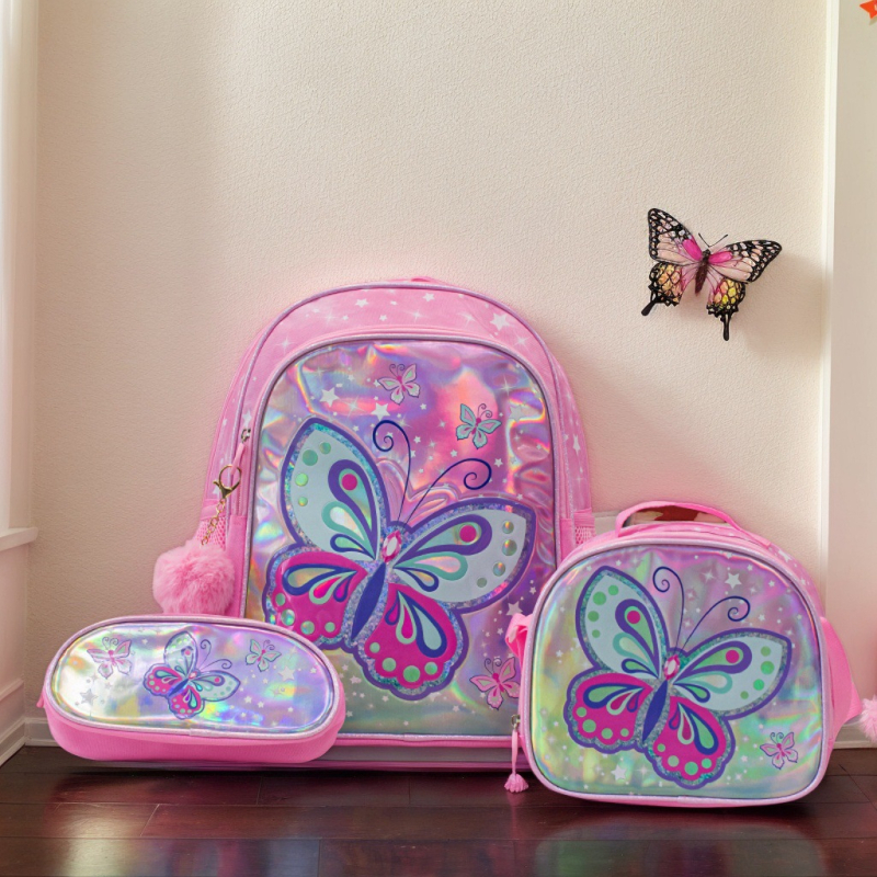 Детска училищна раница – Комплект от три части, Голям капацитет, Намалява натоварването и защитава гърба, Платно, Аниме карикатура