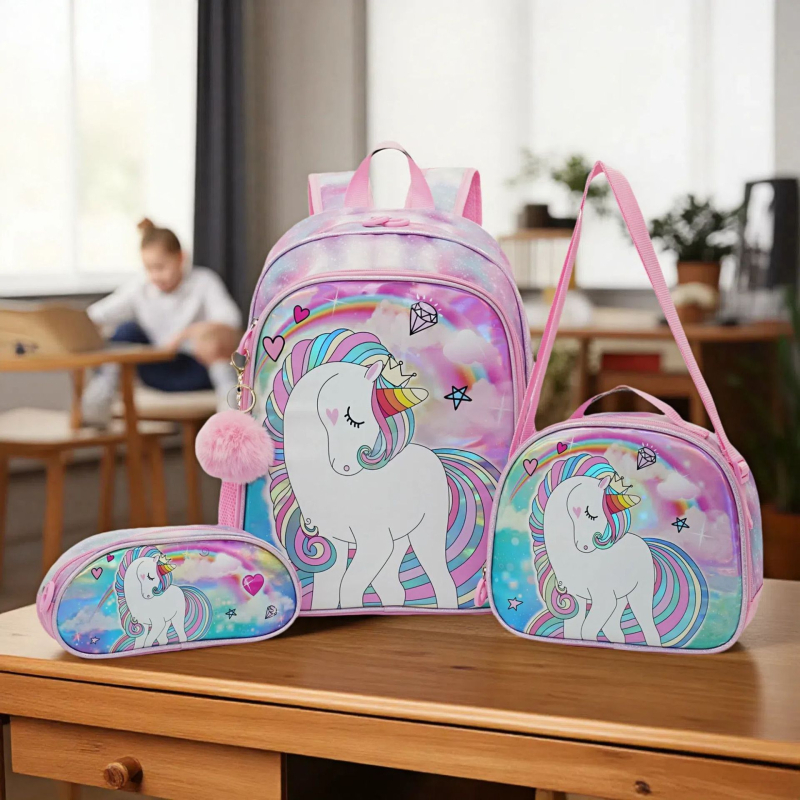 Детска училищна раница – Комплект от три части, Голям капацитет, Намалява натоварването и защитава гърба, Платно, Аниме карикатура