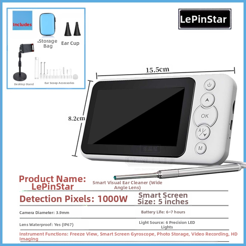 Οπτικό ενδοσκόπιο αυτιού με πολυλειτουργικό σετ κουταλιών αυτιών (παιδικά και φωτιζόμενα), ABS πλαστικό, οθόνη Ultra HD, για φροντίδα κατοικίδιων