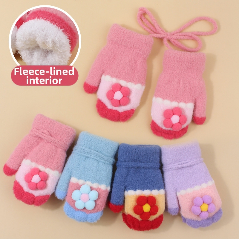 Плетени детски ръкавици с поларена подплата, мотив с карикатура, унисекс, за деца 0-2 години