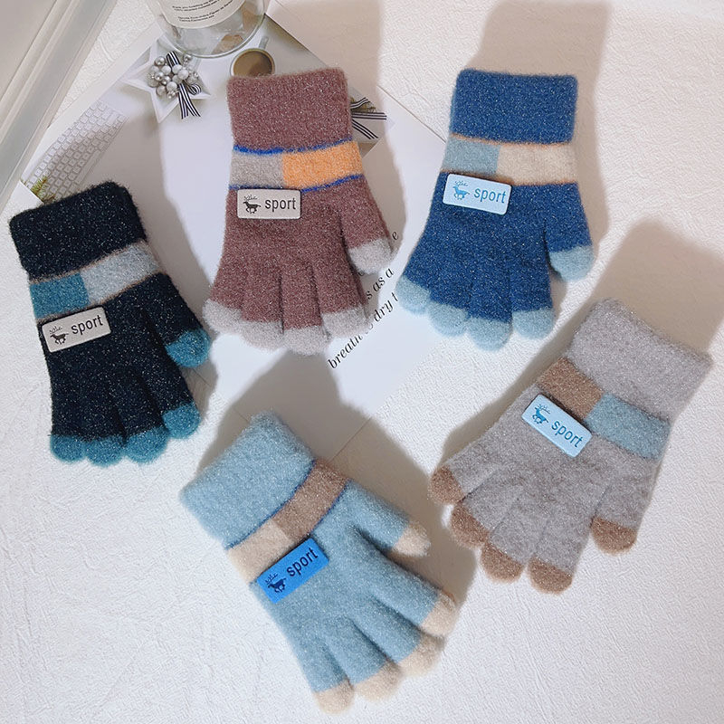 Vaikų megztos žiemos pirštinės, unisex, dryžuotas raštas, velveto medžiaga, išlaiko šilumą
