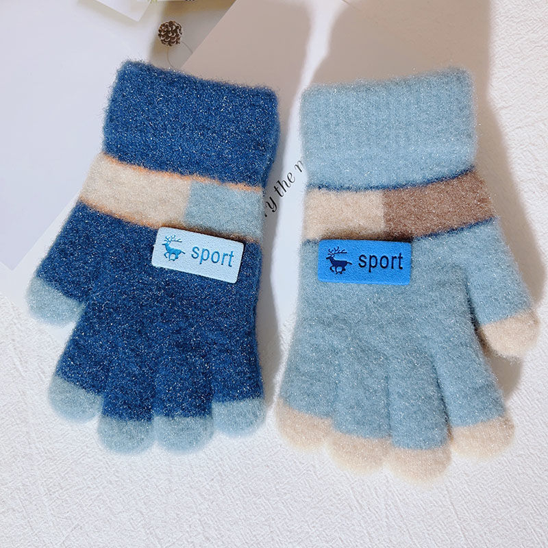 Vaikų megztos žiemos pirštinės, unisex, dryžuotas raštas, velveto medžiaga, išlaiko šilumą